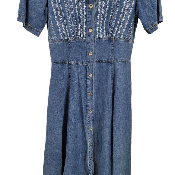 Vtg 80's Dress Embroidered Modest Denim Pinafore Prairie Maxi Pockets Sz S - Picture 7 of 11